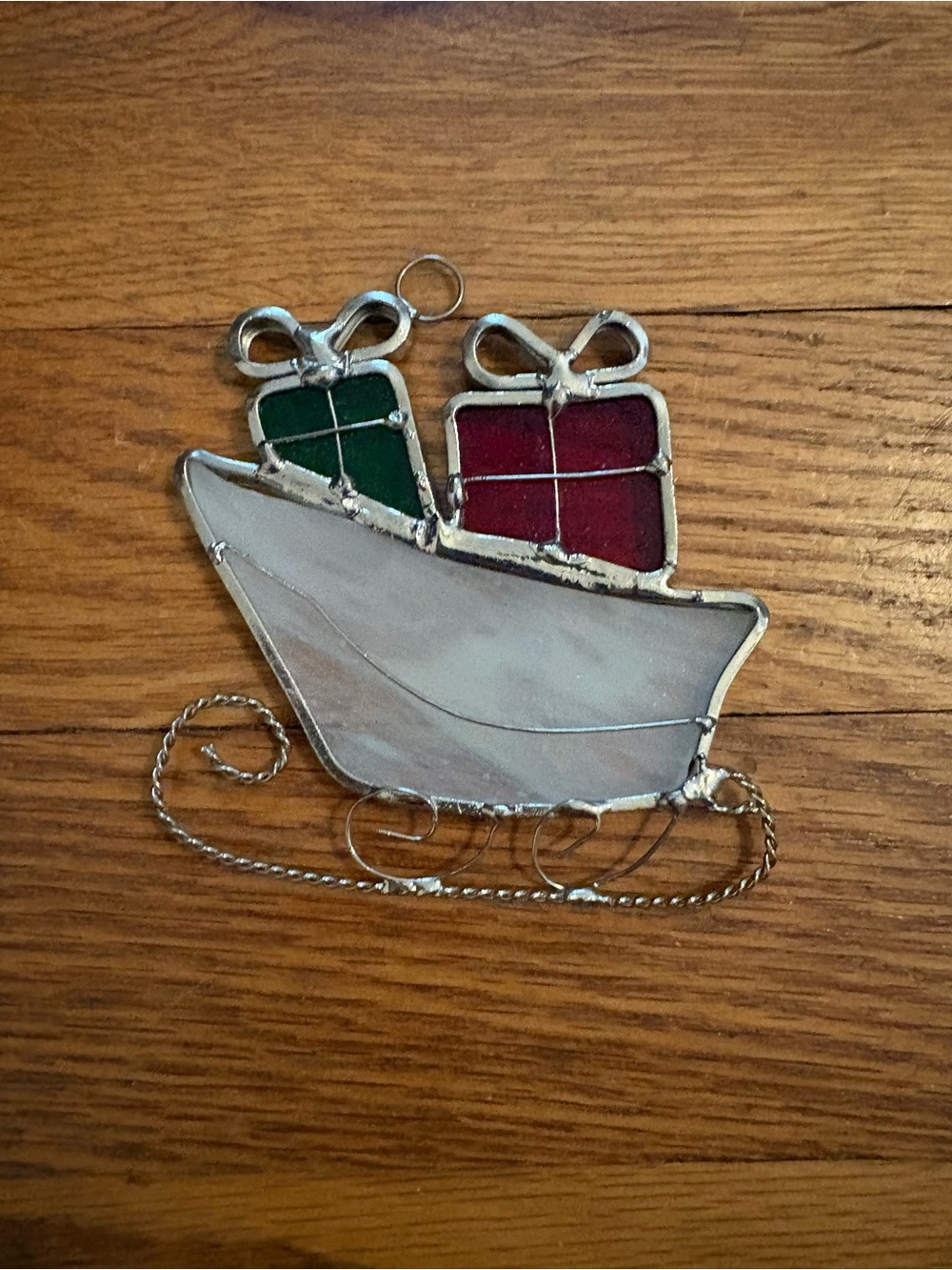 Vintage Christmas sled with presents stained glass suncatcher